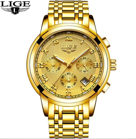 Men's Watch LIGE Multi-Function Three-Eye Corrugated Watch - Gold_0