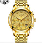 Men's Watch LIGE Multi-Function Three-Eye Corrugated Watch - Gold_0